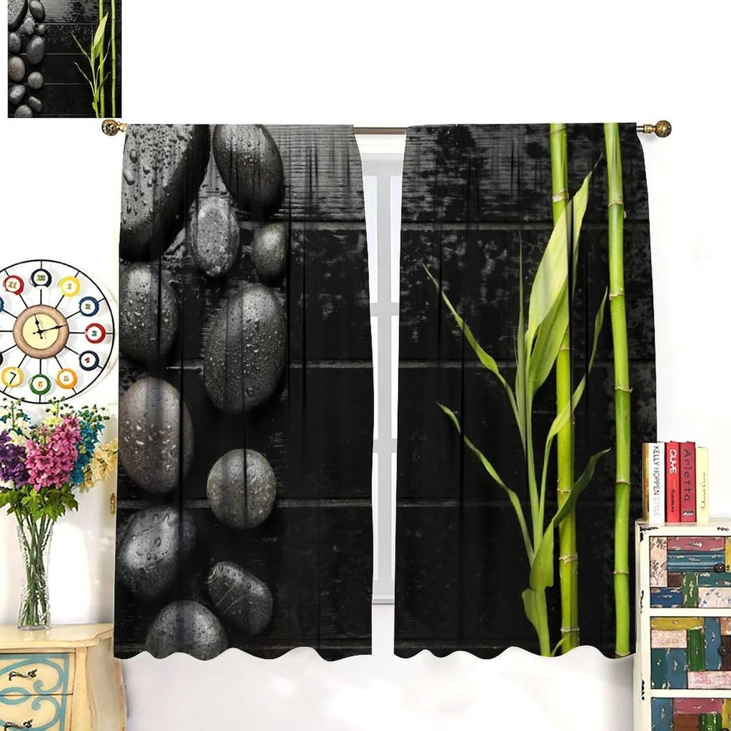 Spa Zen Stone Blackout Curtains   Zen Japanese Garden Theme Stones Green Bamboo Wooden Rod Pocket Window Drapes   for Bedroom Livi