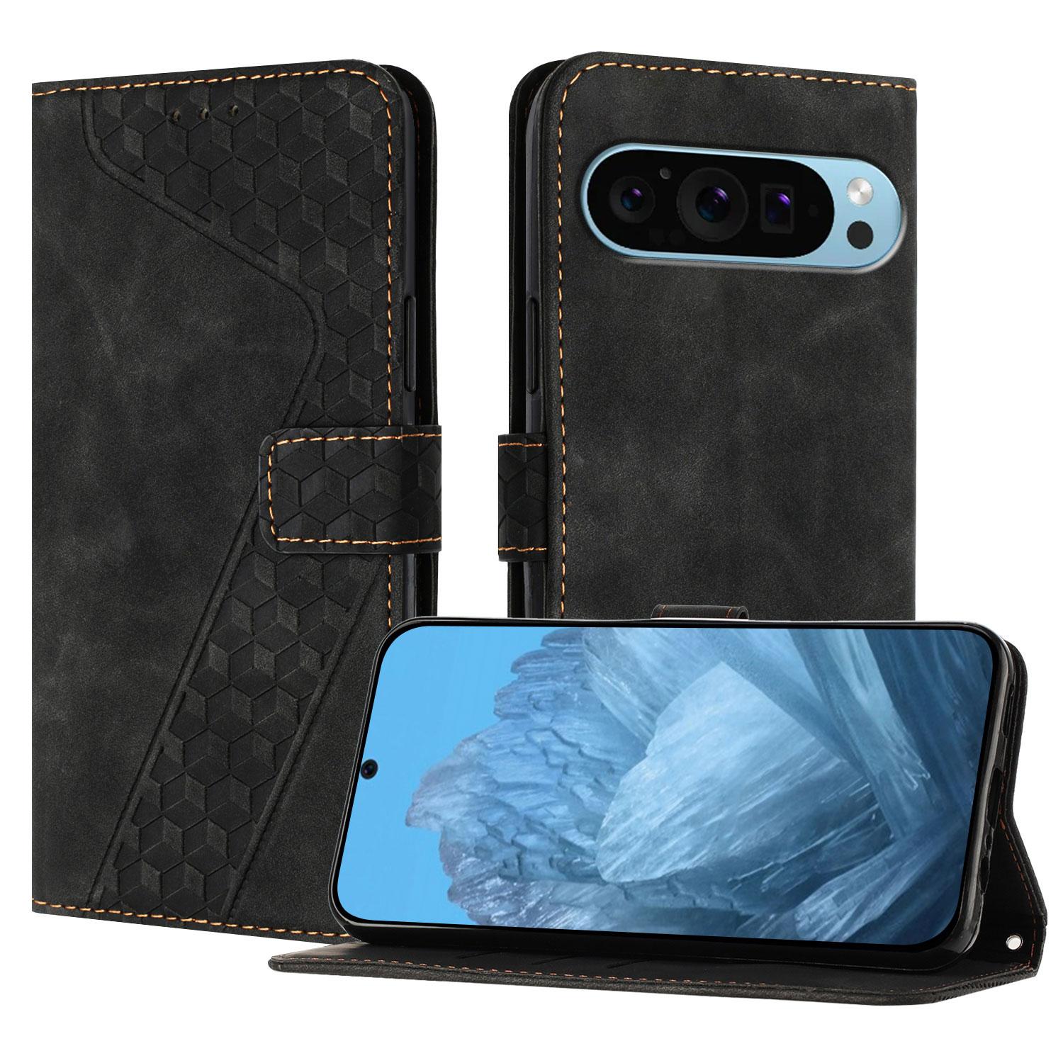 

For Google Pixel 9 Leather Case 7-Shaped Pattern Wallet Stand Shockproof Phone Cover Black