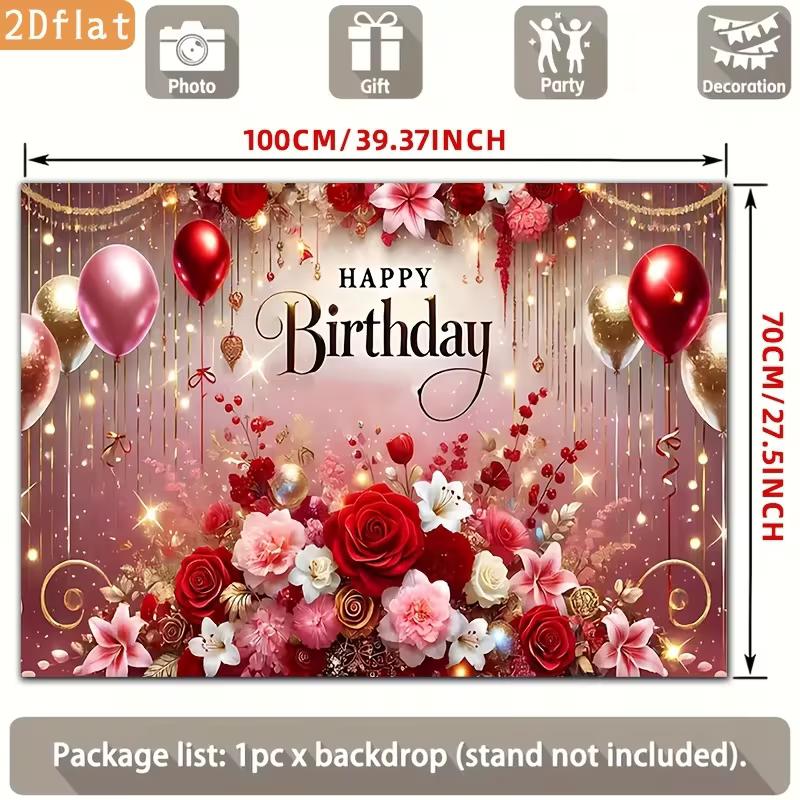 

2D Red Pink Flower & Gold Balloon Birthday Backdrop 2D Photo Background 47.2x31.5inch/120*80cm