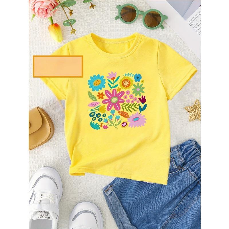 European Size Girls Round Neck Short Sleeved T Shirt with Floral Pattern