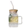 Floral Glass Straw Cup with Square Lid & Handle - High Borosilicate Transparent Design