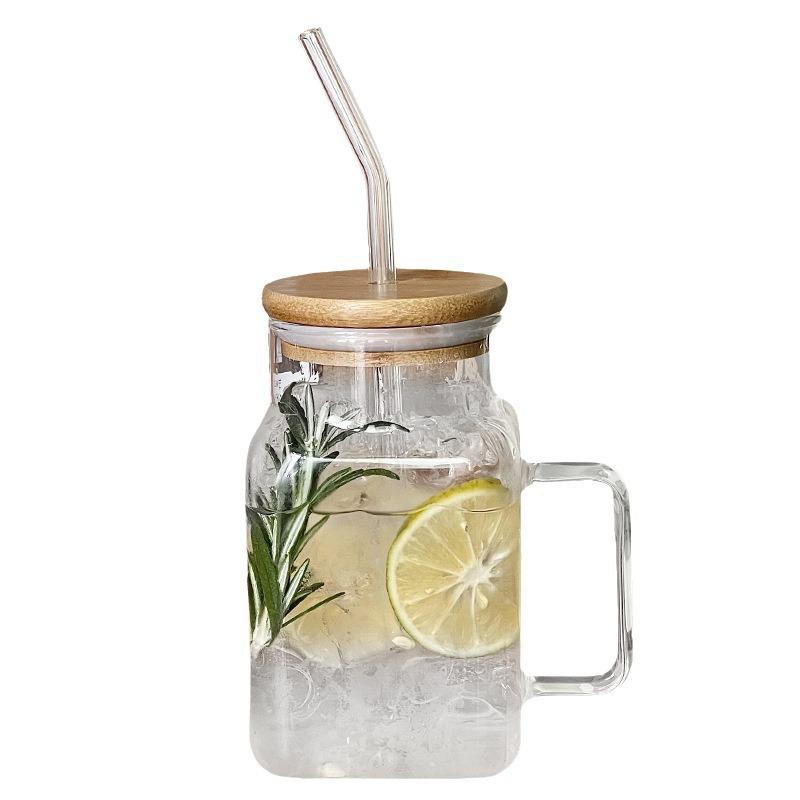 Floral Glass Straw Cup with Square Lid & Handle - High Borosilicate Transparent Design