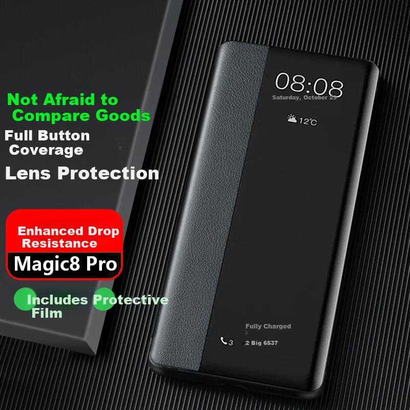 Husă de protecție ultra-subțire, acoperire completă, din piele naturală de lux, pentru Honor Magic8 Pro, rezistentă la șocuri, disipatoare de căldură, stil minimalist business, Negru