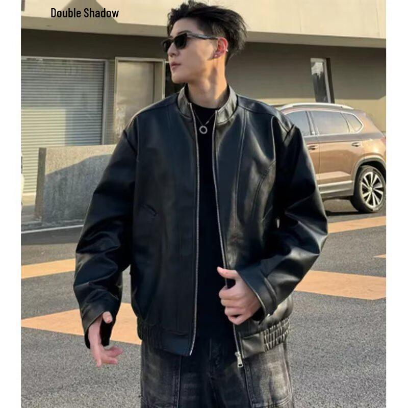

Чоловіча модна мотоциклетна куртка зі штучної шкіри - Стильний напіввисокий комір, Повсякденний весняно-осінній стиль M чорний