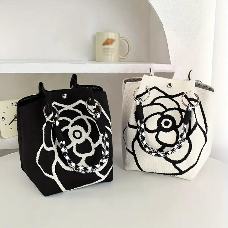 Fashion Flowers Knit Handbag Women Shoulder Bag Color Contrast Portable Ladies Beach Handbag Shopping Tote