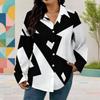 Women Plus Size Collared Neck Long Sleeve Black White Printed Button Front Curved Hem Shirt