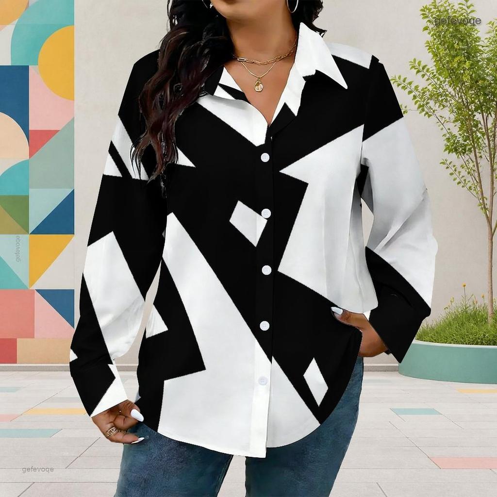 Women Plus Size Collared Neck Long Sleeve Black White Printed Button Front Curved Hem Shirt