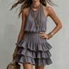 Damen Einfarbiges Neckholder-Minikleid mit Rüschenstufen Lässiges Sommerkleid