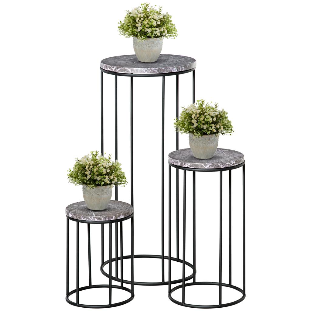Flower Stand 3-Piece Set Made of Metal Plant Stand Set in Marble Look Flower Stool Flower Pot Holder Stackable Plant Stool for Flower Pot Black+Grey