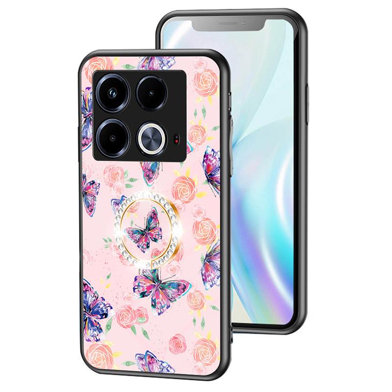 

For Infinix Note 40 Case Kickstand Butterfly Shockproof Tempered Glass Phone Cover Rose Butterfly