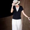 Women's Lyocell V-Neck Short Sleeve Fake Two-Piece Knit Top