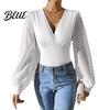 Casual Women Shirt Tops V-Neck See-Through Lantern Long Sleeves Tee Solid Color V-neck Top Slim Fit Pullover Daily Wear Blouse