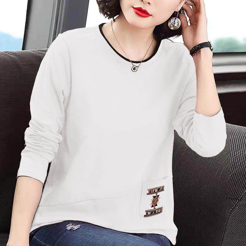 Embroidered Pocket Long Sleeve T-shirt Women's Spring Autumn Large Size Women's Splicing Bottom Shirt Top
