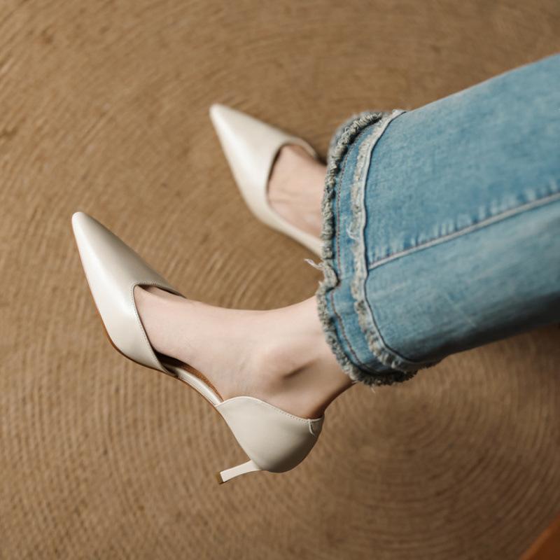 New hollow sandals women's summer women's high-heeled sandals casual beef tendon soft sole large and small size women's shoes pointed leather