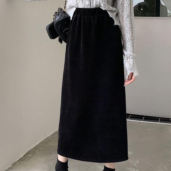 Women's Corduroy High-Waist Straight Midi Skirt - Celebrity Style Autumn/Winter Slim Fit