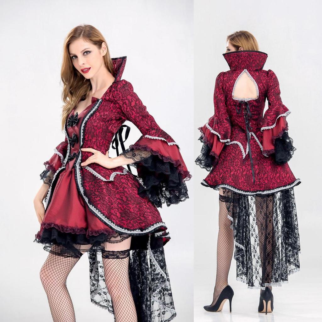 Damska sukienka gotycka czarownica Wampirzyca Królowa Cosplay Fairy Tail Suknie Długi rękaw Gotycki kostium Suknia Sceniczne Ubrania Halloween Karnawał Luksus