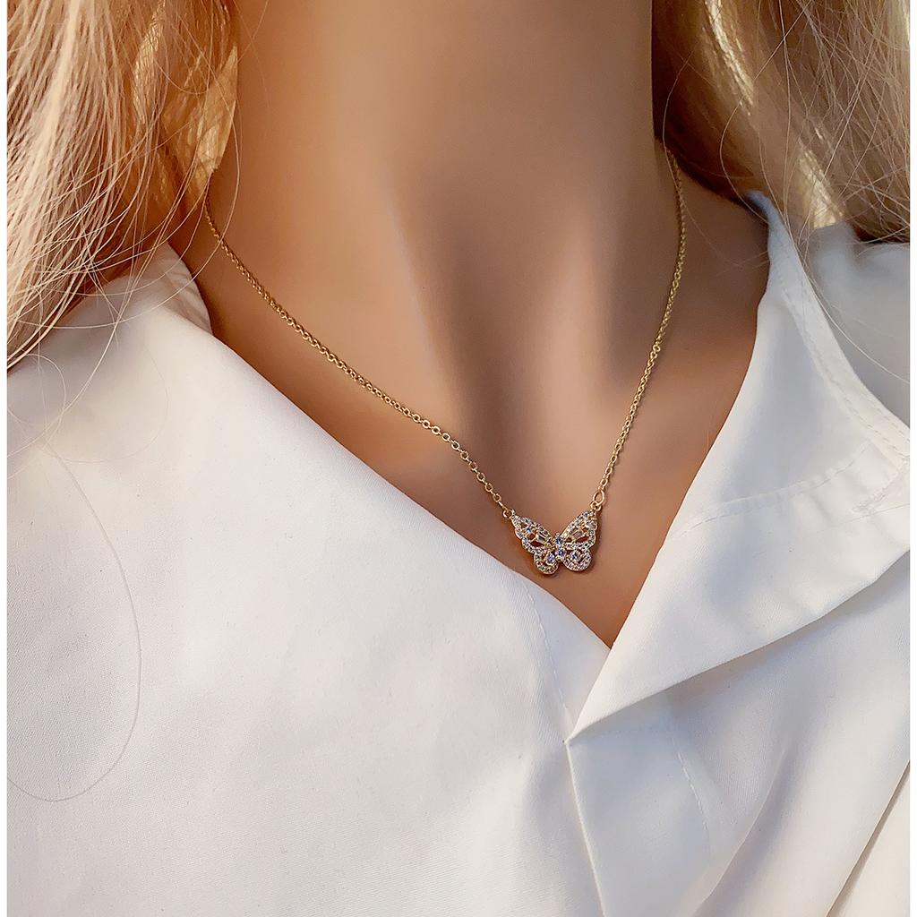 Japan and Korea necklace Mori temperament smart hollow butterfly pendant female micro zircon fashion design collarbone chain wholesale