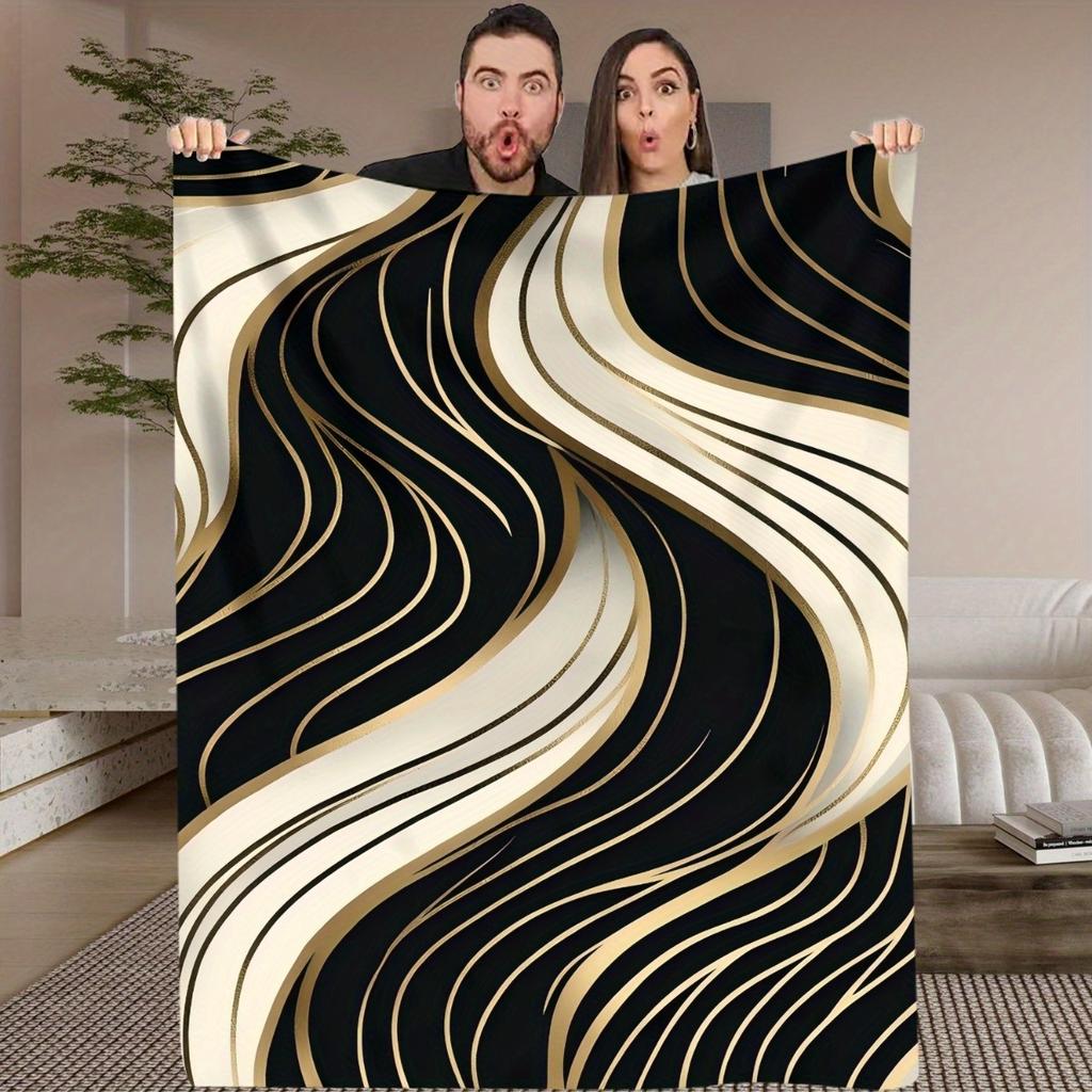 1pc Modern Abstract Ripple Throw Blanket - Black & Golden Accent Design, Soft Flannel All-Season Warmth for Home, Office, Campin