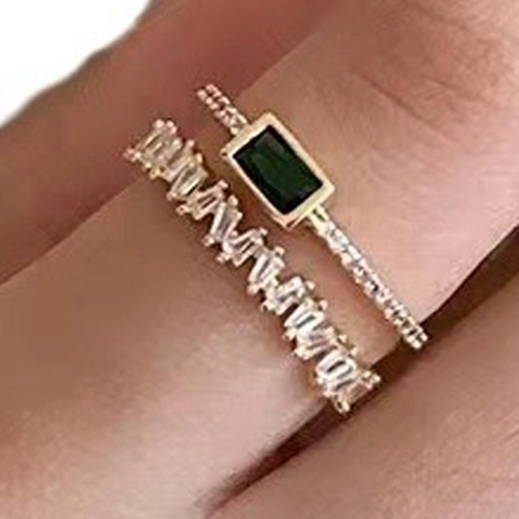 Fashionable Emerald Green Crystal Double Layer Ring Adjustable Opening Ring Copper Crafted Jewelry For Her