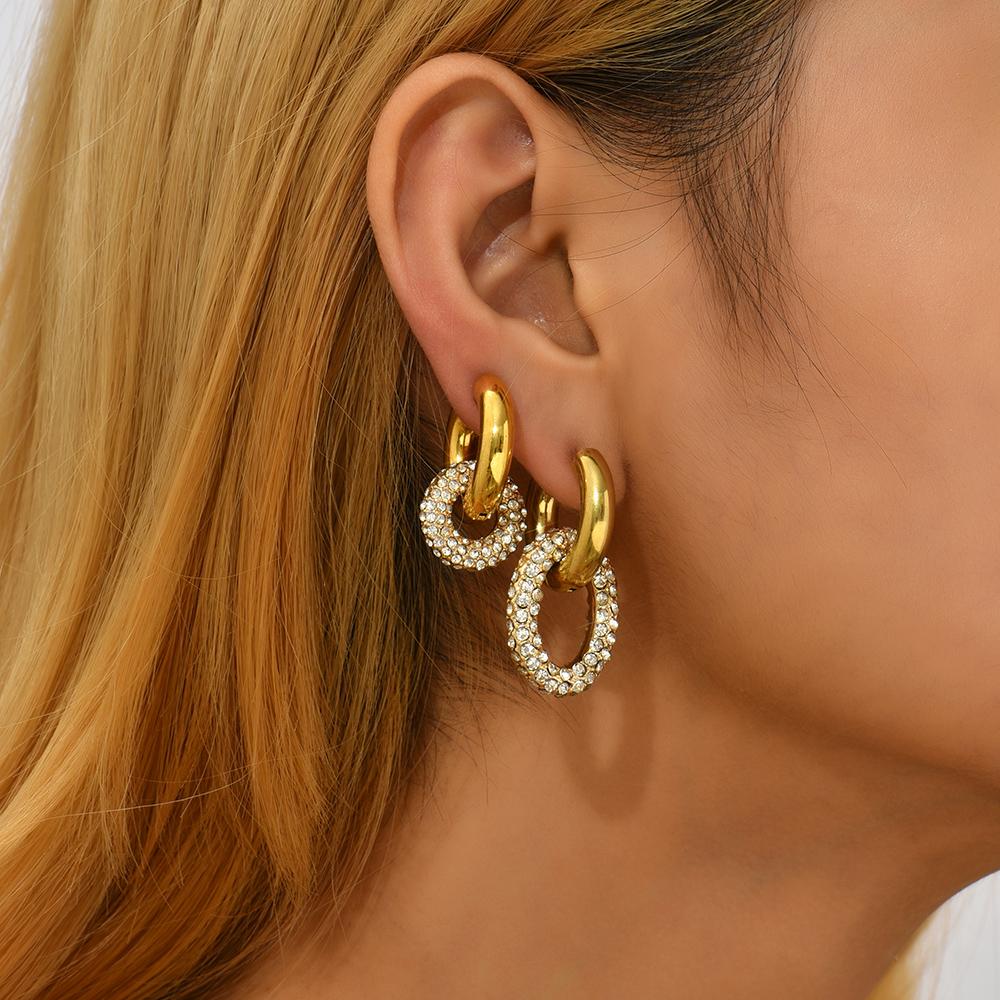 Luxury Cubic Zirconia Stainless Steel Hoop Earrings for Women Gold Color Round Circle Oval Geometric Earrings Fashion Zircon
