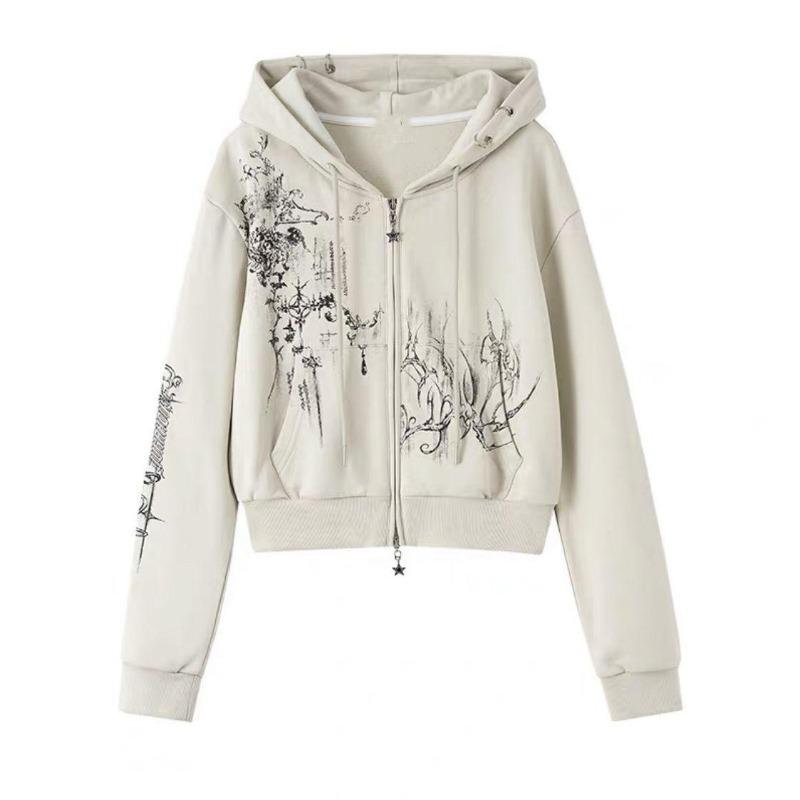 2KWEIRD Podzimní Y2k Estetické Zkrácené Mikiny Dámské Ležérní Potisk Dvojité Zipy Harajuku Punk Mikina Gotické Vílí Grunge Bundy