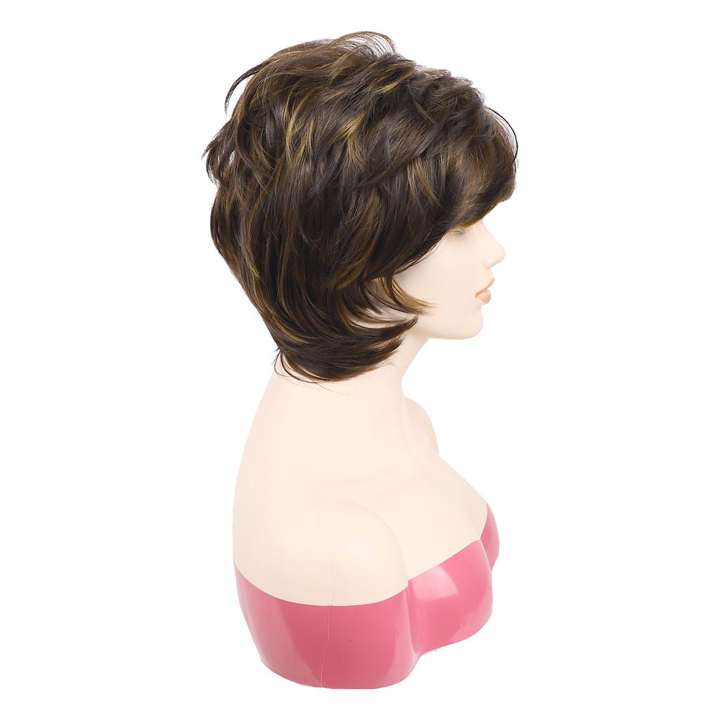 Women Synthetic Short Golden Brown Hair with Bangs Natural Wave Layered Wigs For Daily Cosplay Heat Resistant Fiber