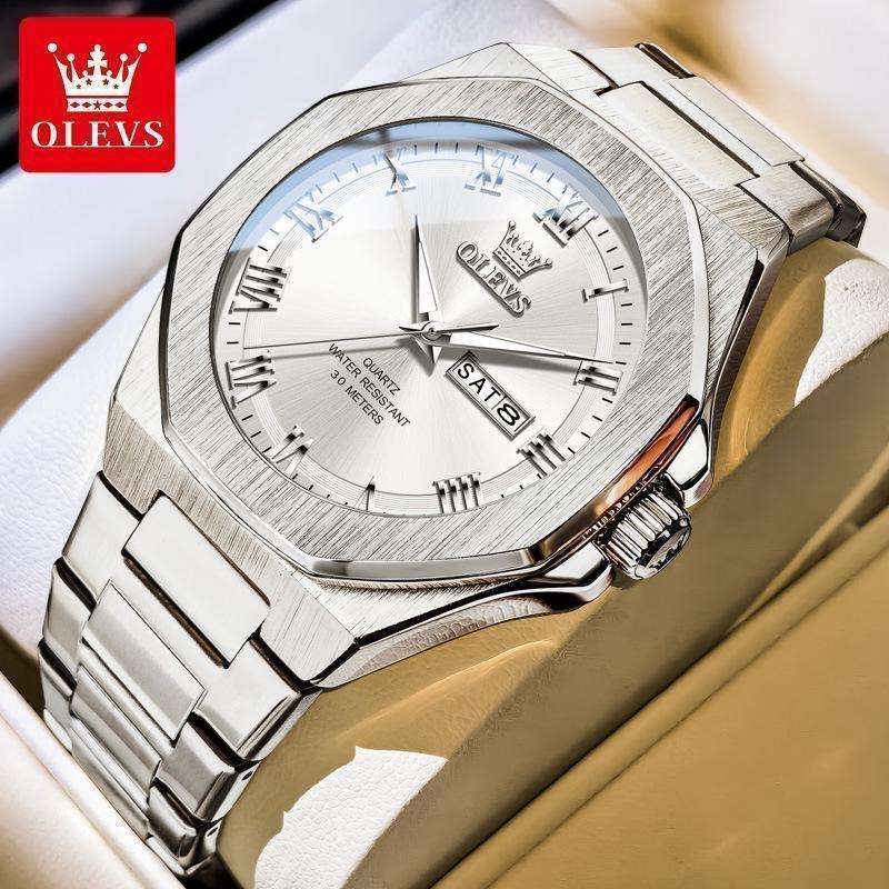 OLEVS Luxury Man Watch Classic Fashion Roman Scale Dual Calendar Waterproof Luminous Stainless Steel Original Quartz Wristwatch