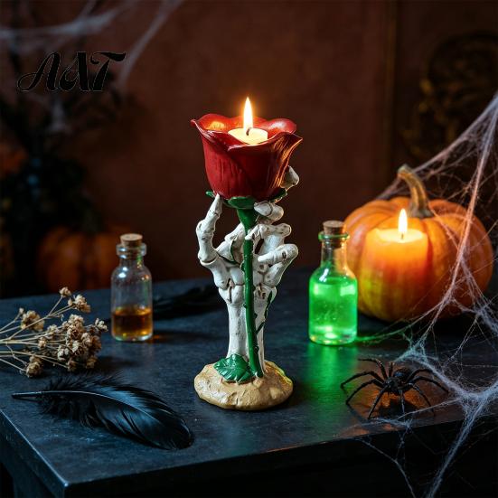 Halloween Table Ornaments Skeleton Hand Rose Candle Holder, Gothic Resin Decorative Ornament Atmospheric Trough for Home Decor, Dark Style Romantic