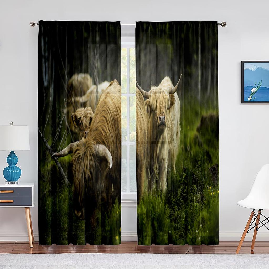 Highland Cow Sheer Voile Curtain Farmhouse Western Cattle Bull Window Tulle Curtains for Living Room Bedroom Kitchen Decoration