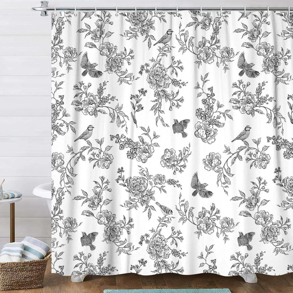 Blaues florales Duschvorhang-Set, Vintage Retro Cottagecore Floral Botanisch Vögel Blüte Blume Boho Ästhetik Stoffdusche