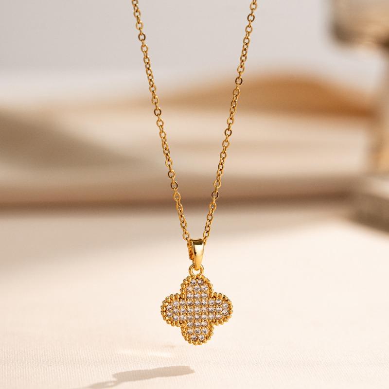 Korean Style Light Luxury Four Leaf Flower Zircon Inlaid Necklace And Earrings Set For Women