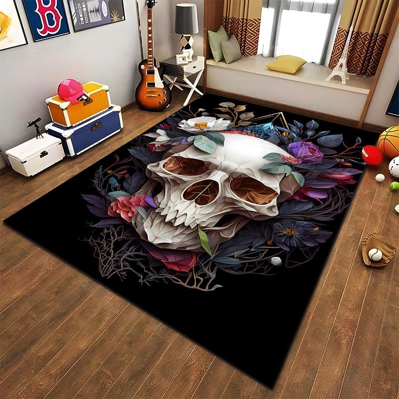 Skull and Floral Pattern Carpet with Dark Elegant Design and Colors Suitable for use as an anti-slip for living room bedroom sofas