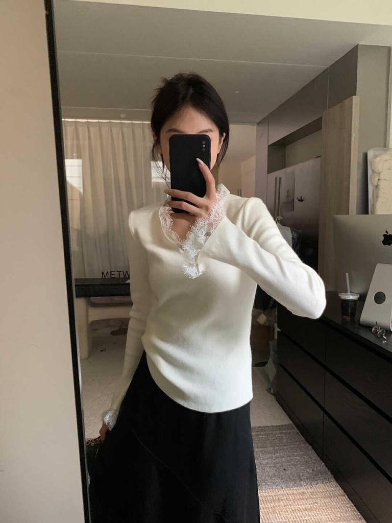 Lace neck knitted sweater women's high-end flared sleeve top spring versatile temperament inner bottoming shirt