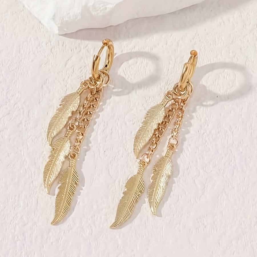 1pair Unisex Punk Hip Hop Stainless Steel Feather Chain Dangle Stud Earrings for Men Women Vintage Piercing Ear Jewelry