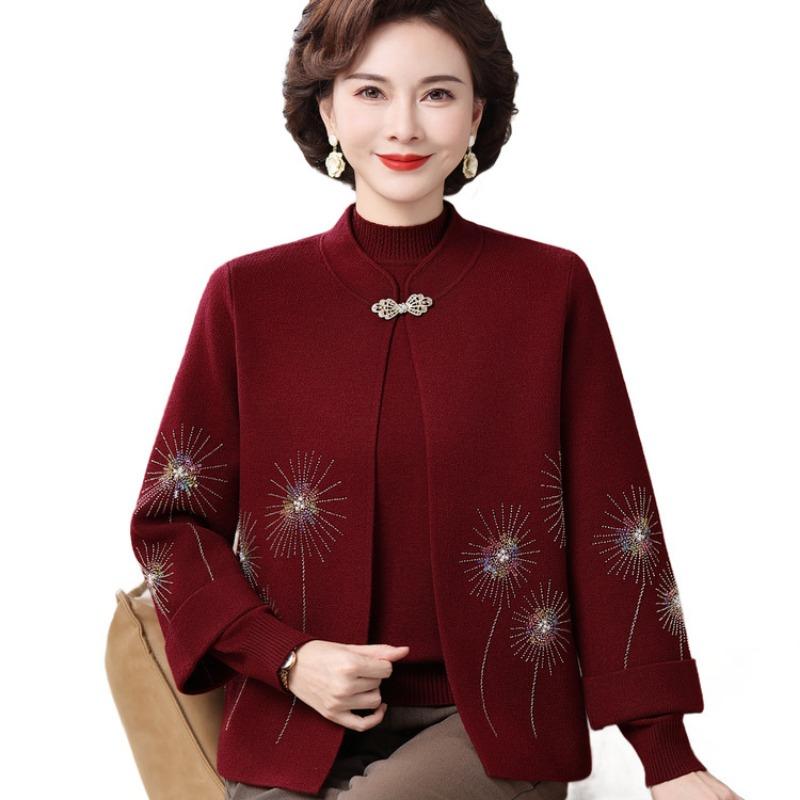 Middle-aged and Old Women's Cardigan Natal Year Sweater Jacket Mother Spring and Autumn Red Knitted Two-piece Autumn and Winter Bottoming Shirt