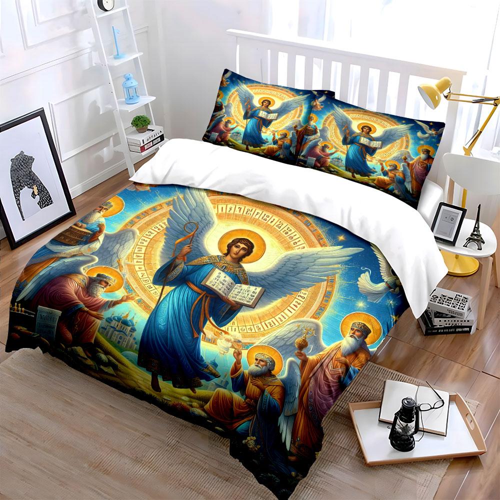 Angelic Depiction With Luminous Scriptures Printed Duvet Cover Set1 Duvet Cover+2 Pillowcasemulti Size Bedroom Bedding Decor