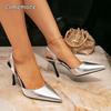 Silver Heeled Sandals for Women Fashion Pointed Toe Ankle Strap Thin High Heels Shoes Elegant Party Dress Shoes Tacones Mujer
