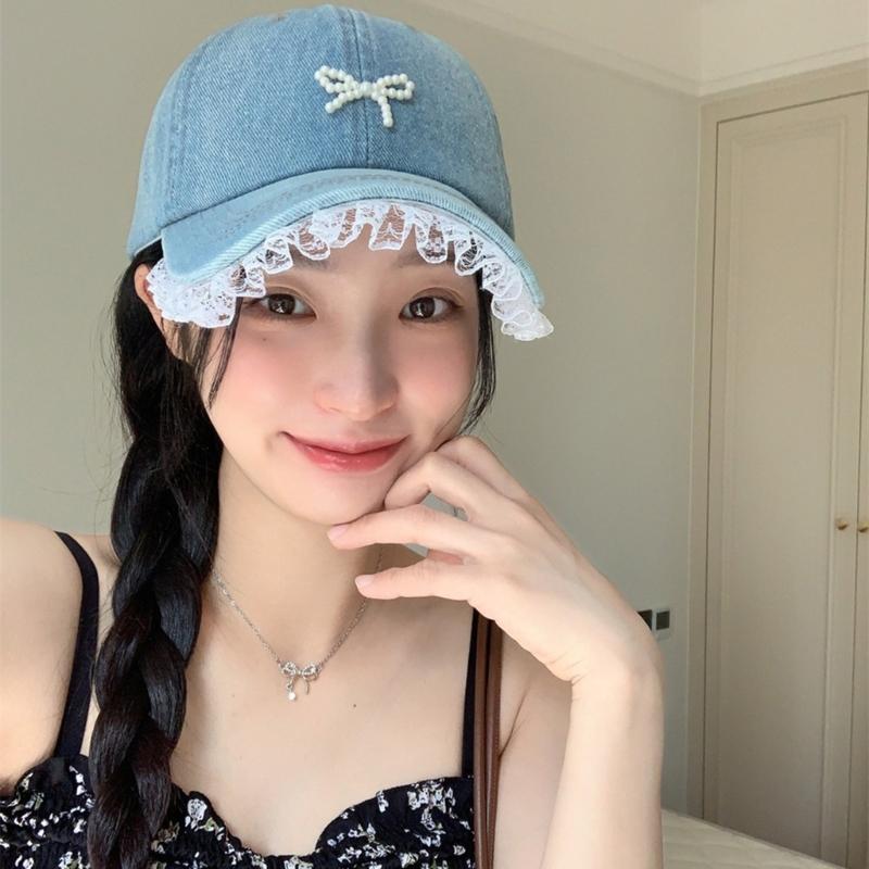 Stylish Women Fabric Baseball Hat with 3D Pearls Bowknot and Lace Trim for Outdoor Sports Activity Breathable Headwear