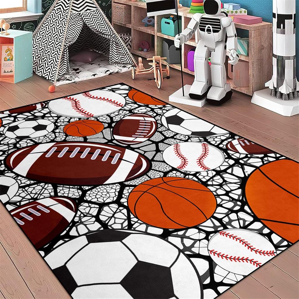 Sportteppich mit Rissmuster für Kinderzimmer, Design mit Fußball-, Basketball-, Football- und Tennisball, rutschfester Spielzimmerteppich