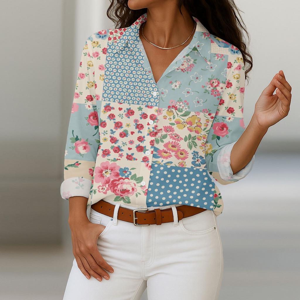 Women's Shirt With Floral Print Buttons, Long Sleeved Casual Regular Shirt  Blouses Casual Plus Size Basic Tops