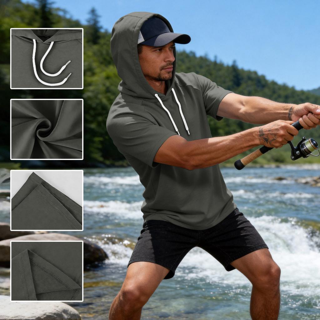 Men Short Sleeve Hoodie Casual Pullover Drawstring Hooded Shirt Relaxed Fit Lightweight Top for Everyday Wear