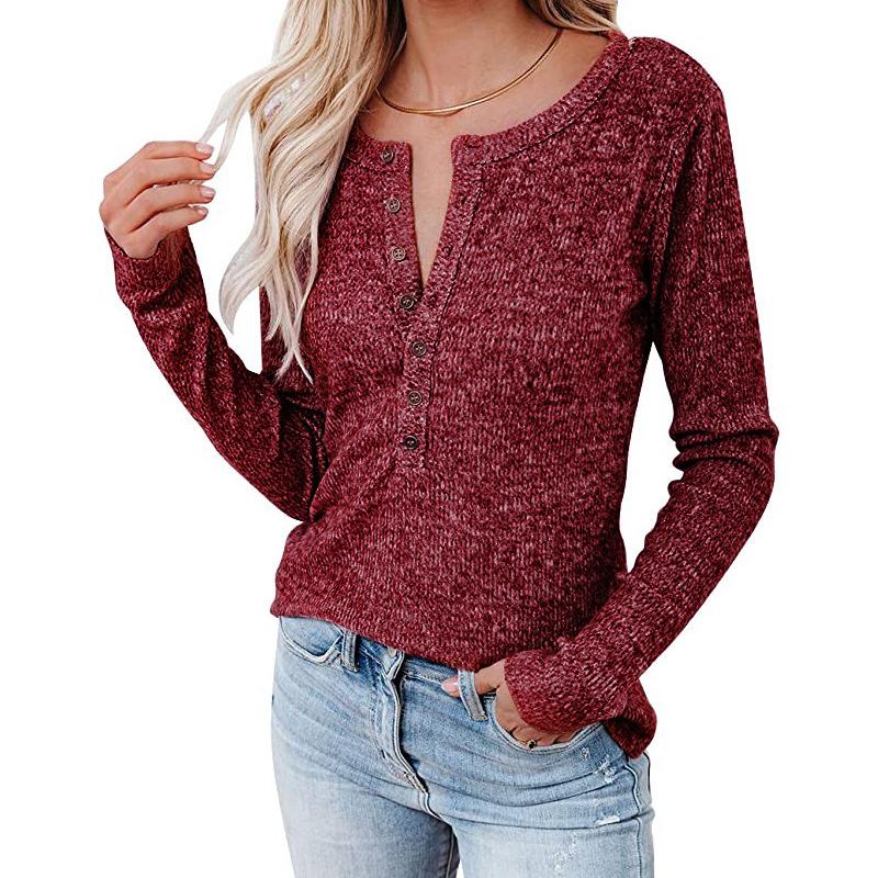 Outono Inverno Feminino Botão Peito Casual Manga Longa T-shirt