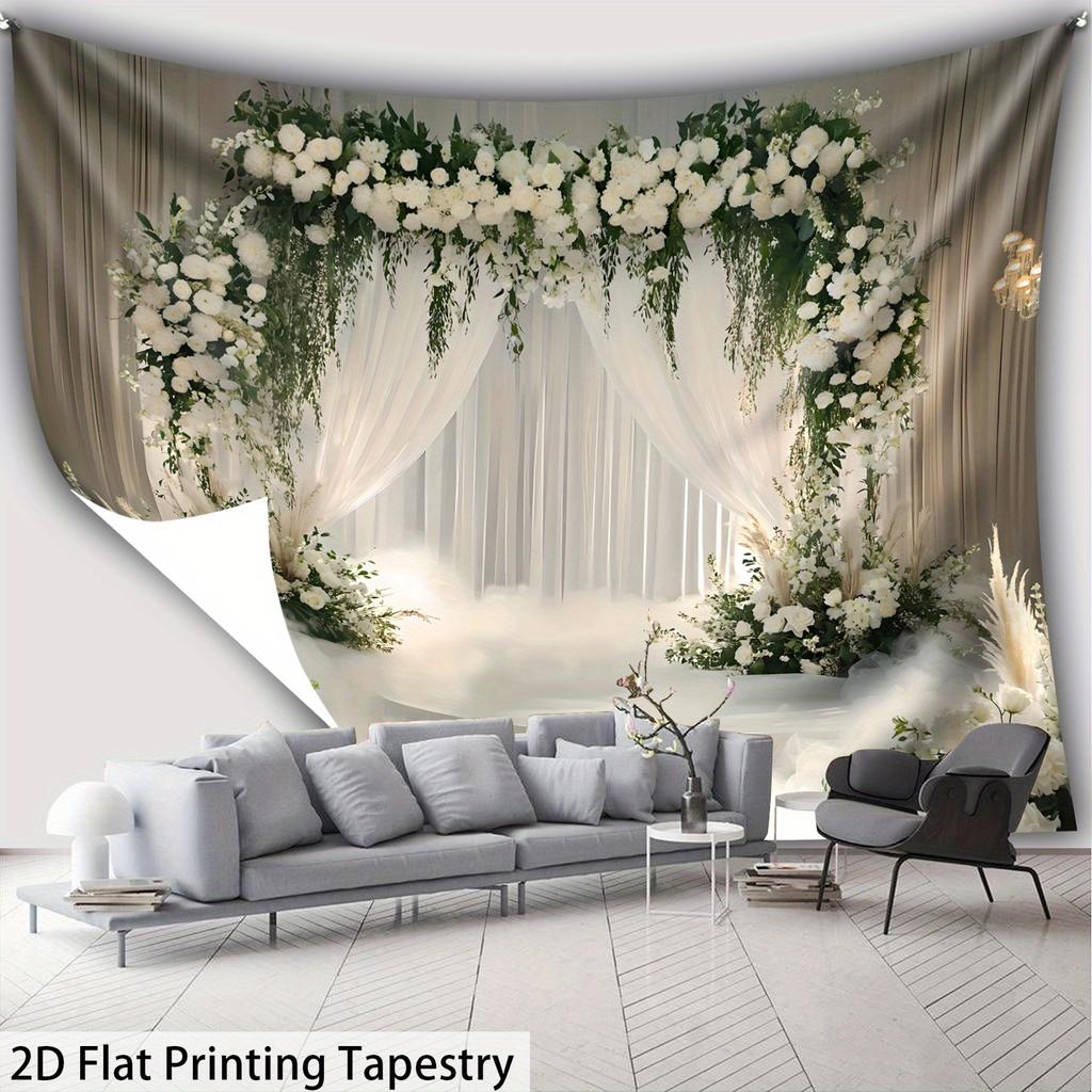 Omantic Floral Garland Tapestry, White Roses And Greenery Arch Print, Aesthetic Wall Art For Bedroom Living Room