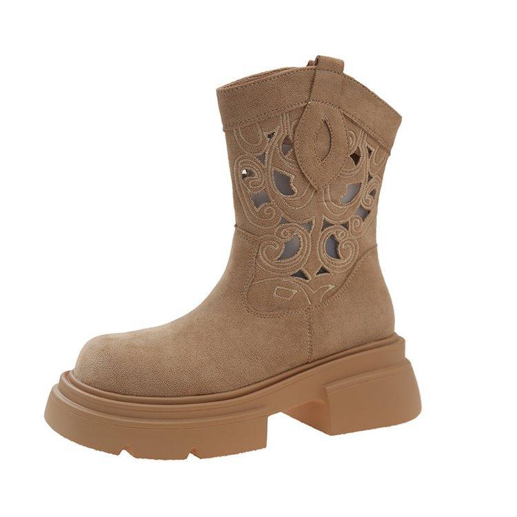 [Ushilai] Retro Western Cowboy Boots Women's New Hollow Breathable Fashion Martin Boots in Summer 2025