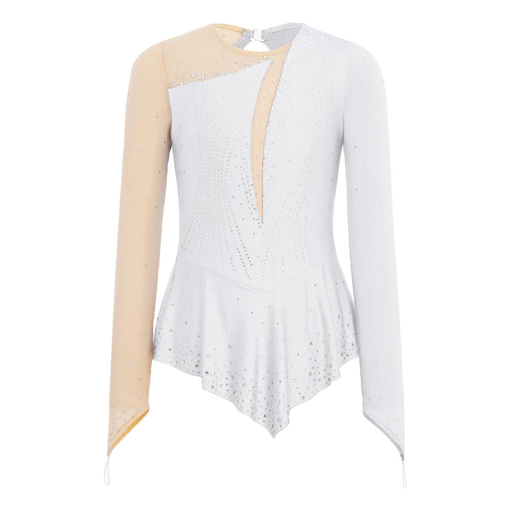 Girls Shiny Rhinestones Mesh Patchwork Dance Dress Asymmetrical Hem Long Sleeve Dancewear