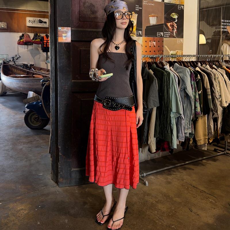 Colorful Bubble Plaid Pleated Midi A-line Skirt M красный