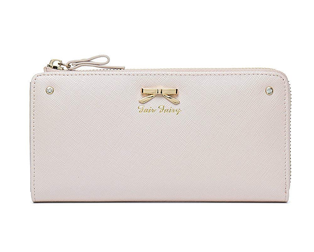 Fair Fairy Long Wallet with Genuine Leather and Simple 160724 Women's L-Zip Ribbon, (Pink Beige, Outlet)