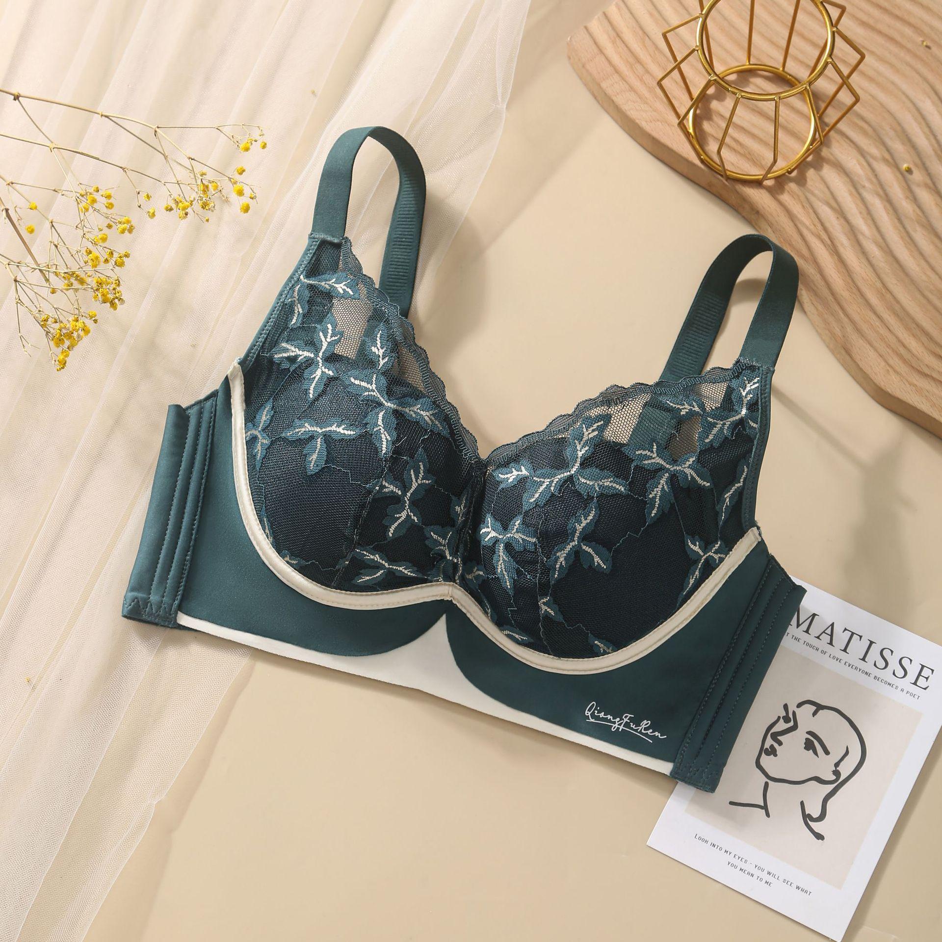 

AB Cup 34-40 Регулируемое нижнее белье со сборками Маленькая грудь Поднятый антипровисающий кружевной бюстгальтер без стальных колец 40/90AB зелёный