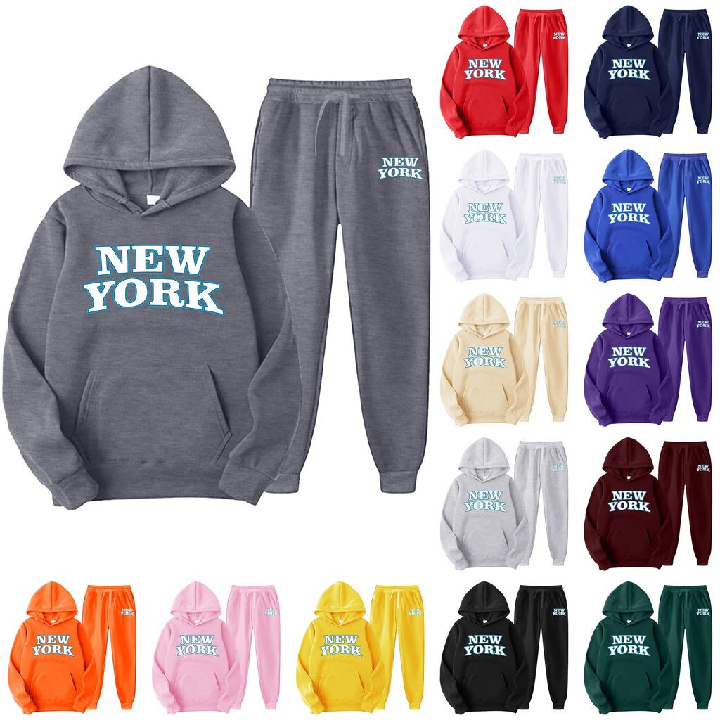 Fato de Treino Esportivo Casual de Duas Peças Estampado Solto com Capuz para Homem e Mulher