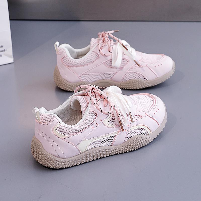 Fashion Pink Girls Mesh Satin Shoelaces Lace Up Sneakers 2025 New Fashion Women Casual Shoes Round Toe Platform Training Shoes